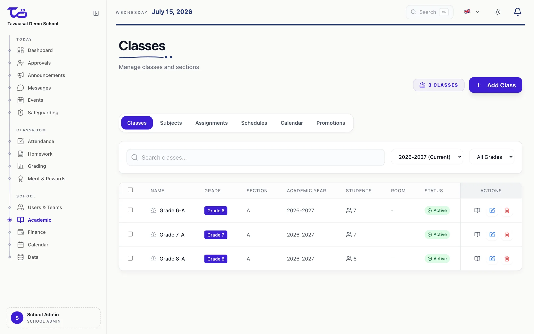 School Admin — Class Management · English · Light