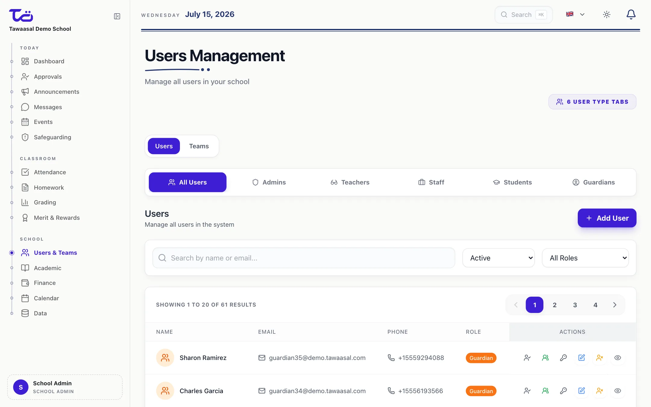 School Admin — User Management · English · Light